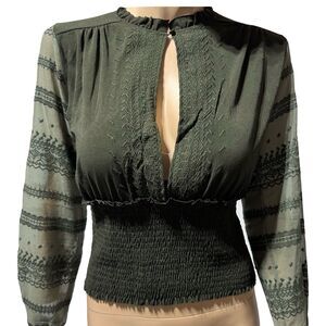 BKE Gimmicks Olive Cutout Keyhole Blouse Top Sheer Sleeve Smocked Waist XS NWT